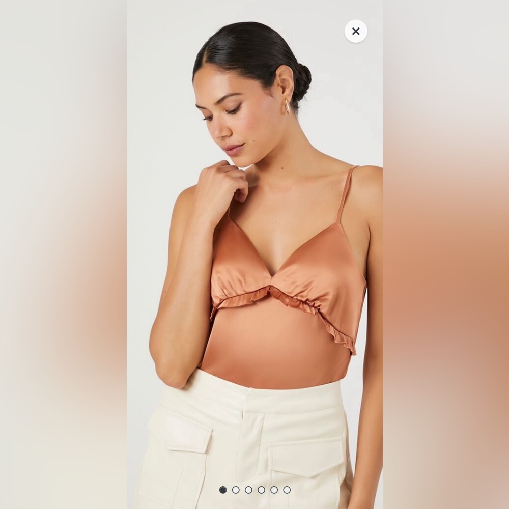 Satin Ruffle-Trim Bodysuit (toasted almond, M) - Picture 5 of 7